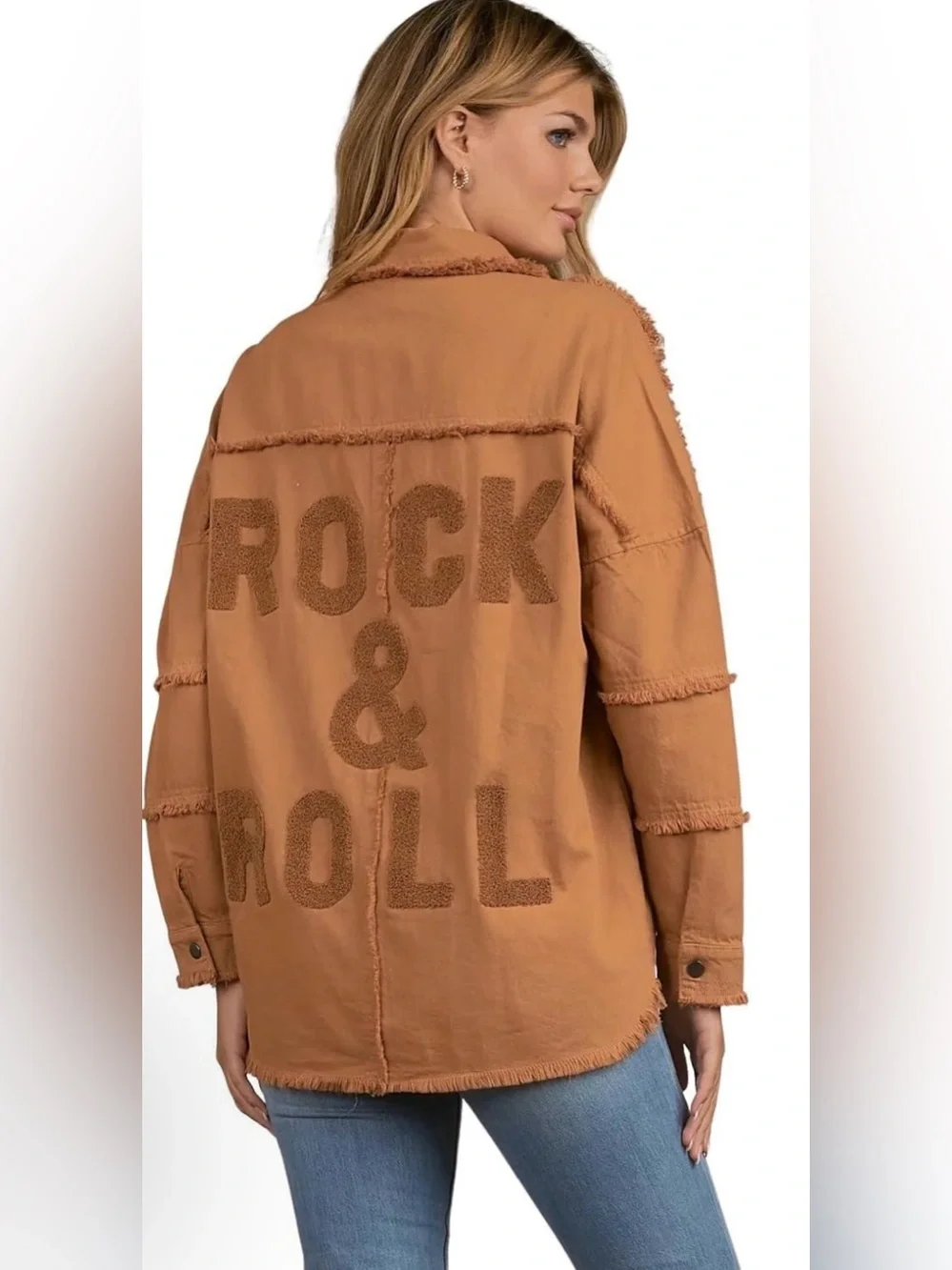 NWT Elan Rock & Roll Oversized Shacket Jacket Large Camel Frayed Utility DE8121 - Picture 1 of 4
